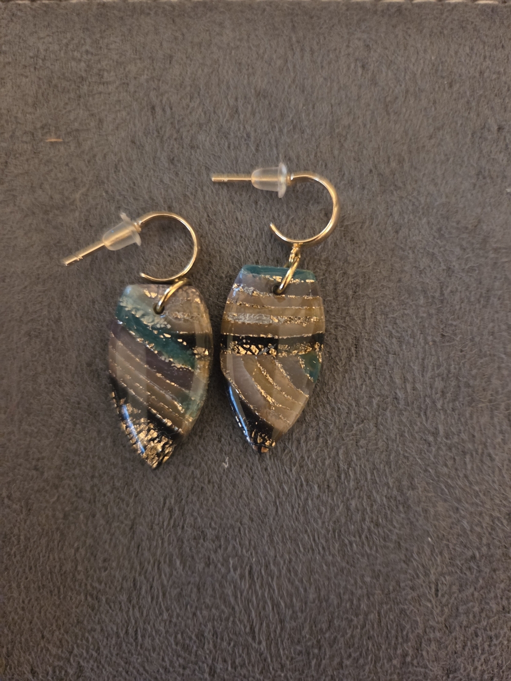 Handmade Clay Leaf Drop Earrings in Teal and Black